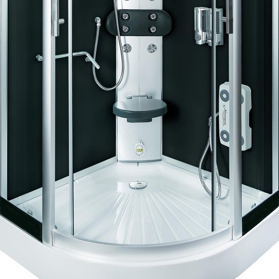 Stoomcabine 90X90X215 Fiona. Luxe Stoomdouche, THERMOSTAAT Uitvoering, Kit-Vrij, Zwart, Veiligheidsglas, LED, Radio, Speakers, Zitje, Massage, Hoekmodel, Kwartrond, Schuifdeuren, Douchebak, Afvoer, Sifon, A Kwaliteit, Full Options. Royal Sanitair