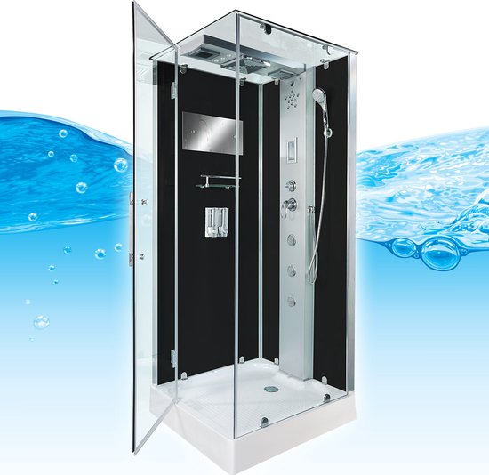 Stoomcabine 90X90X215 Bastia. Luxe Stoomdouche, THERMOSTAATKRAAN Uitvoering, Kit-Vrij, Zwart, Veiligheidsglas, LED, Radio, Speakers, Massage, Hoekmodel, Vierkant, Scharnierdeur, Douchebak, Afvoer, Sifon, A Kwaliteit, Full Options. Royal Sanitair