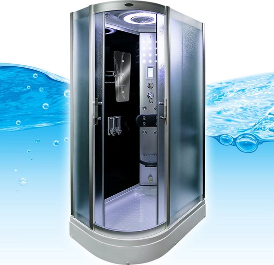 Stoomcabine 120X80X215 Fiona. Luxe Stoomdouche, THERMOSTAATKRAAN, LINKS, MAT GLAS, Kit-Vrij, Zwart, Veiligheidsglas, LED, Radio, Speakers, Zitje, Massage, Hoekmodel, Schuifdeuren, Douchebak, Afvoer, Sifon, A Kwaliteit, Full Options. Royal Sanitair