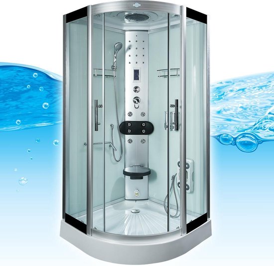 Stoomcabine 90X90X215 Enla. Luxe Stoomdouche, MENGKRAAN Uitvoering, Kit-Vrij, Wit, Veiligheidsglas, LED, Radio, Speakers, Zitje, Massage, Hoekmodel, Kwartrond, Schuifdeuren, Douchebak, Afvoer, Sifon, A Kwaliteit, Full Options. Royal Sanitair