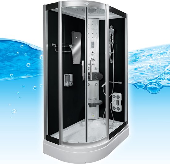 Stoomcabine 120X80X215 Fiona. Luxe Stoomdouche, MENGKRAAN, LINKS, Kit-Vrij, Zwart, Veiligheidsglas, LED, Radio, Speakers, Zitje, Massage, Hoekmodel, Kwartrond, Schuifdeuren, Douchebak, Afvoer, Sifon, A Kwaliteit, Full Options. Royal Sanitair