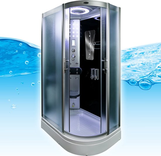 Stoomcabine 120X80X215 Fiona. Luxe Stoomdouche, MENGKRAAN, RECHTS, MAT GLAS, Kit-Vrij, Zwart, Veiligheidsglas, LED, Radio, Speakers, Zitje, Massage, Hoekmodel, Schuifdeuren, Douchebak, Afvoer, Sifon, A Kwaliteit, Full Options. Royal Sanitair