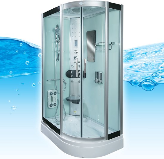 Stoomcabine 120X80X215 Palma. Luxe Stoomdouche, MENGKRAAN, RECHTS, Kit-Vrij, Wit, Veiligheidsglas, LED, Radio, Speakers, Zitje, Massage, Hoekmodel, Kwartrond, Schuifdeuren, Douchebak, Afvoer, Sifon, A Kwaliteit, Full Options. Royal Sanitair