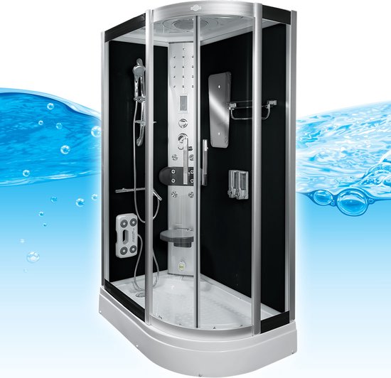 Stoomcabine 120X80X215 Fiona. Luxe Stoomdouche, MENGKRAAN, RECHTS, Kit-Vrij, Zwart, Veiligheidsglas, LED, Radio, Speakers, Zitje, Massage, Hoekmodel, Kwartrond, Schuifdeuren, Douchebak, Afvoer, Sifon, A Kwaliteit, Full Options. Royal Sanitair