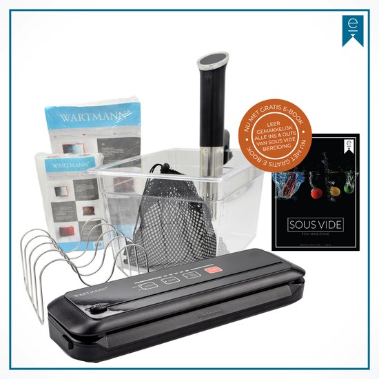 Wartmann Sous Vide Stick 1508 - Complete Voordeelset - Inclusief Vacuümmachine, Vacuumzakken & Rollen, Waterbak, Rekje,  Isolatieballen en Sous Vide kookboek (E-Book)