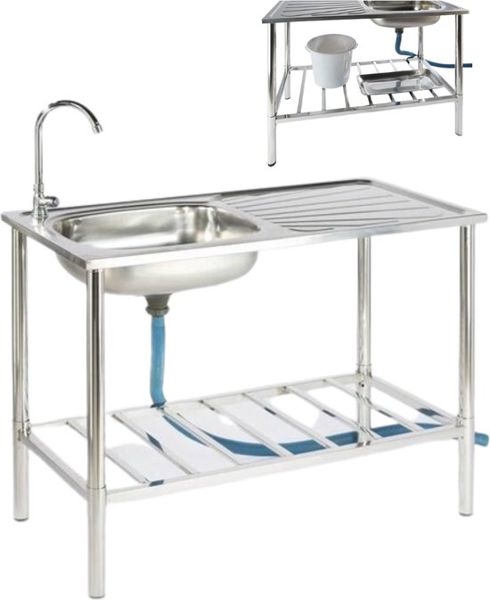 Camping/Outdoor Inox tafel met gootsteen lavabo en kraan 100x77x50cm
