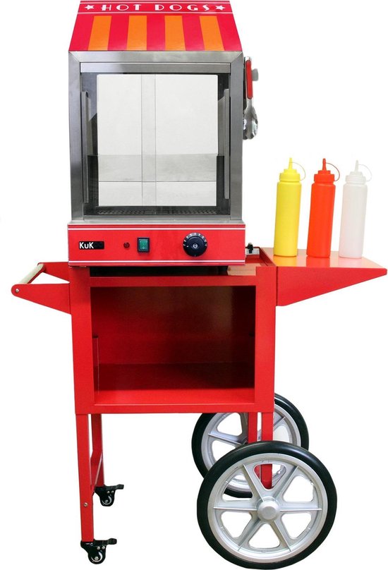 KuKoo Hotdog Machine & Kar - 95x41x150 cm - Incl. Tang + Sausflessen - 220-240V 100 Worsten & 30 Broodjes - Evenement Bruiloft