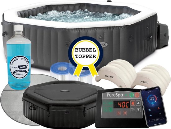 Intex PureSpa Jet & Bubble Deluxe 4p | 2023 | Ø 201cm | Intex jacuzzi zoutwater | Jacuzzi met jets | Intex jacuzzi opblaasbaar + 20kg Aquaswan jacuzzi zout + 1 liter Aquaswan vloeibare Multitabs
