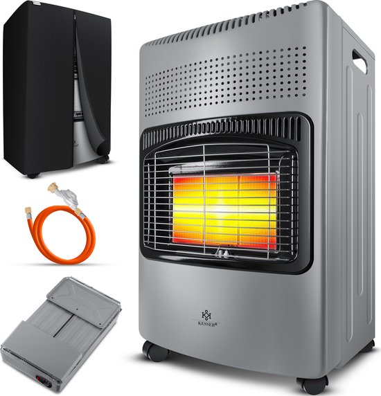 KESSER® keramische Gaskachel 4200 Watt Gas Verwarming inclusief gasdrukregelaar gasslang + beschermhoes - mobiele Kachel Gas Heater Terras Verwarmer butaan- of propaangasflessen tot 15kg - Donkergrijs