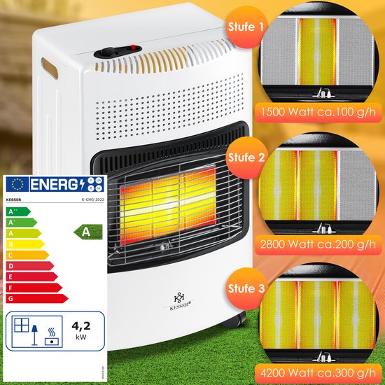 KESSER® keramische Gaskachel 4200 Watt Gas Verwarming inclusief gasdrukregelaar gasslang + beschermhoes - mobiele Kachel Gas Heater Terras Verwarmer butaan- of propaangasflessen tot 15kg - Wit