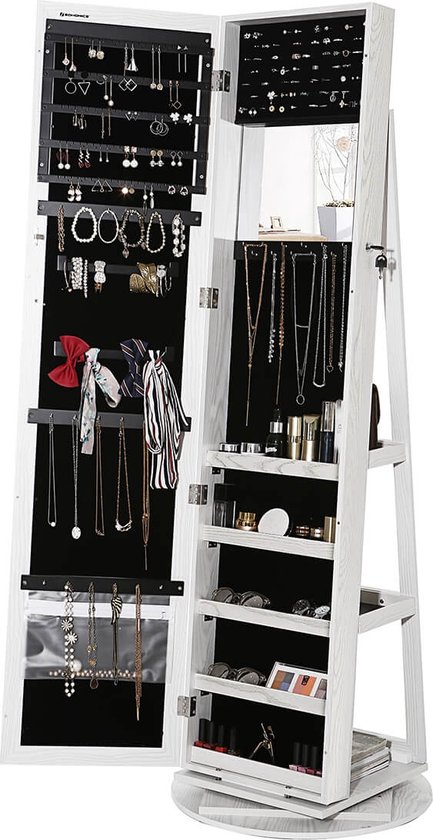 Sieradenkast - Spiegelkast - Sieradenkast met spiegel - Juwelenkast - 360° draaibaar - 54 x 161 x 54 cm - Wit