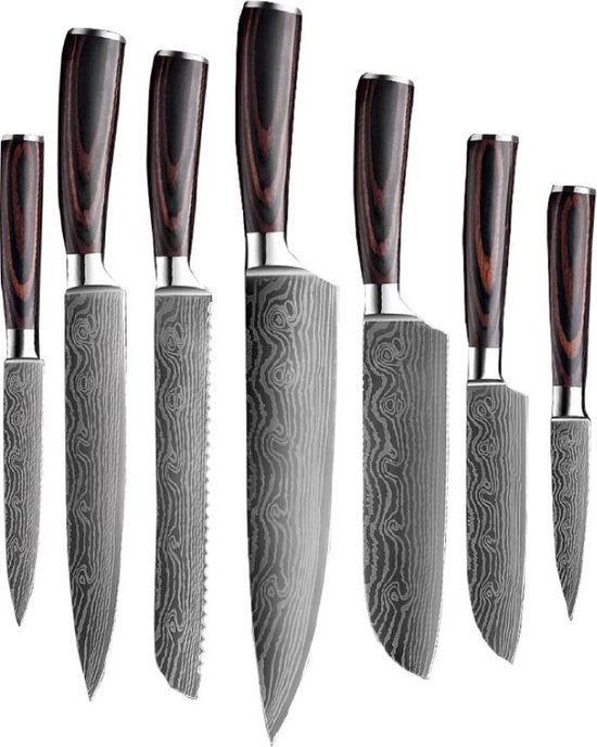Shinrai Japan - Messenset - 7 delig - Koksmes - Japanse mes - Mes - Japanse Damascus Print - Met Luxe Geschenkdoos