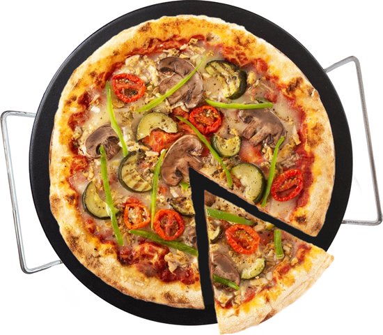 YUGN BLACK Pizzasteen Met Pizzasteenrek 33 CM - BBQ Pizzasteen - Ronde Pizza Steen Pizzasteen Oven - Gemaakt van Uniek Cordieriet Keramiek - Luxe Look - Cadeau tip