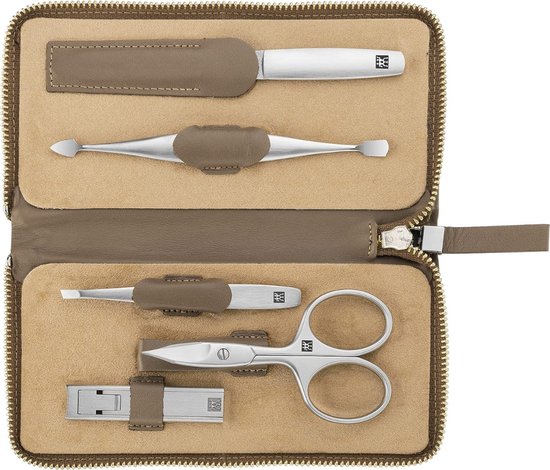 Luxe 5-Delige Professionele Nagelverzorgingsset - in Mat Satijn - Roestvrij Staal - met Taupe Leren Tas en Ritssluiting