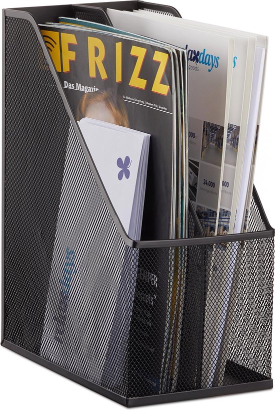 Relaxdays tijdschriftenhouder metaal - 2 vakken - tijdschriftencassette A4 - sorteerbak - zwart