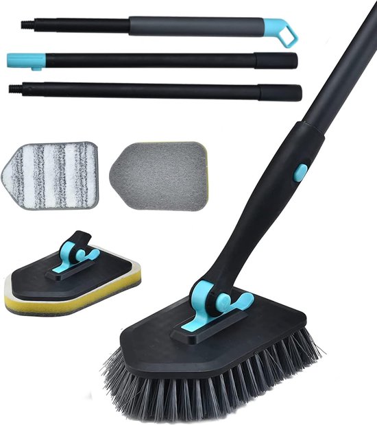 3-in-1 badkamerreinigingsborstel met 130 cm lange handgreep, baddouche en tegelborstel met harde kop, microvezelapplicaties voor badkamer, wandmontage, glas (zwart)