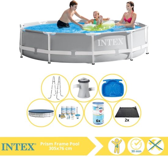 Intex Prism Frame Zwembad - Opzetzwembad - 305x76 cm - Inclusief Afdekzeil, Onderhoudspakket, Filter, Solar Mat, Trap en Voetenbad