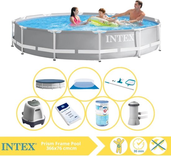 Intex Prism Frame Zwembad - Opzetzwembad - 366x76 cm - Inclusief Afdekzeil, Zwembadpomp, Filter, Grondzeil, Onderhoudsset, Zoutsysteem en Zout