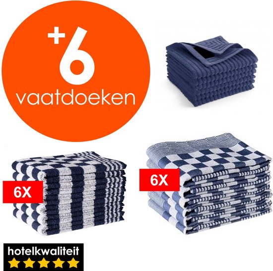 Zavelo 6x Theedoeken en 6x Keukendoeken Set + 6x VAATDOEKJES - Horeca Kwaliteit - 60 Graden Wasbaar - Blauw