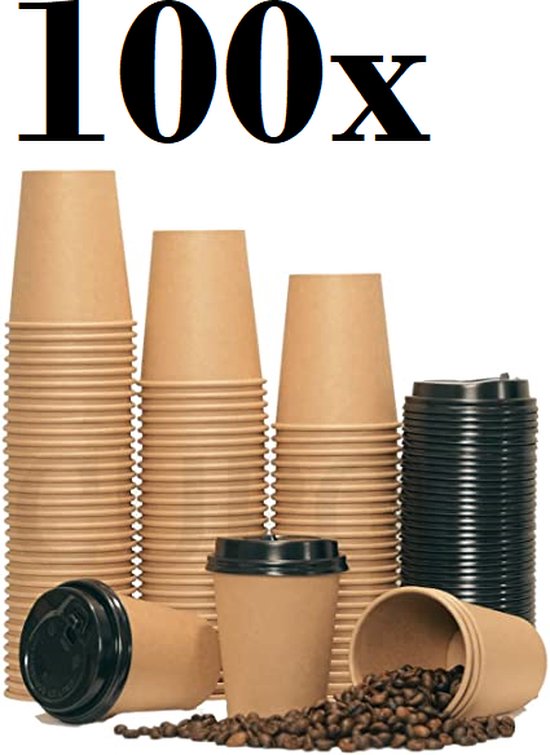 Kartonnen Koffiebeker to go 8oz 240ml bruin+ zwarte deksels- 100 Stuks - wegwerp papieren bekers - drinkbekers karton- milieuvriendelijk