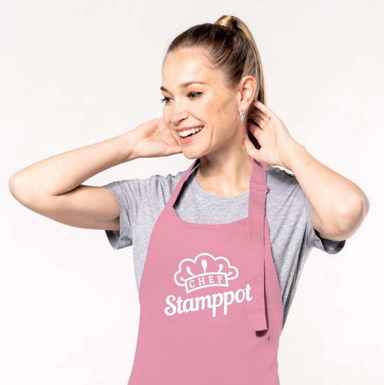 Keukenschort Chef Stamppot - Heren Dames - Horecakwaliteit - One size - Verstelbaar - Wasbaar - Cadeau BBQ Feest - Roze