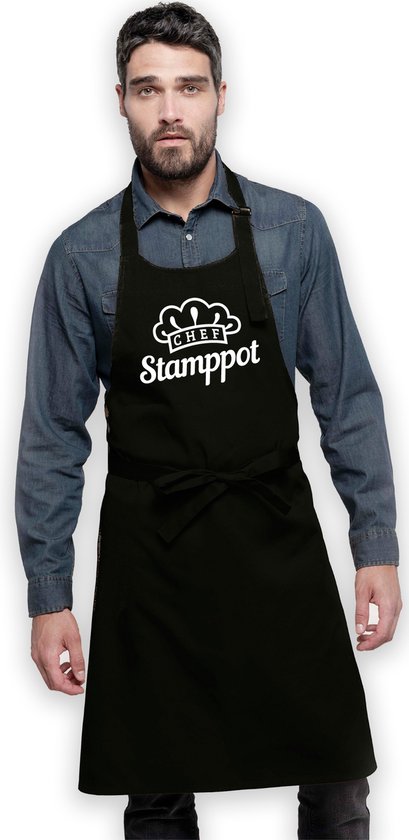 Keukenschort Chef Stamppot - Heren Dames - Horecakwaliteit - One size - Verstelbaar - Wasbaar - Cadeau BBQ Feest - Zwart