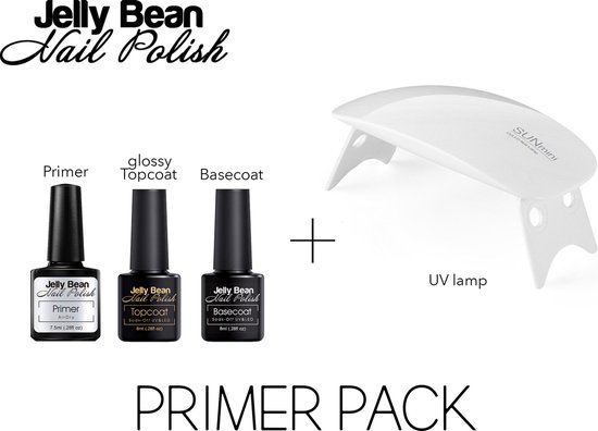 Jelly Bean Nail Polish Primerpack 6W - Primer - Base Coat - Top Coat + Premium UV nagellamp 6W