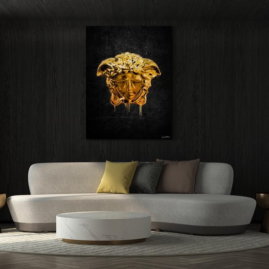 Kanwall - Schilderij - Luxe Versace Medusa Woonkamer Slaapkamer Design Art ** Dik! Effect** - Zwart En Goud - 100 X 75 Cm