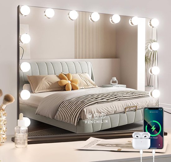 Hollywood spiegel met verlichting 15 dimmer LED lampen make-up spiegel met verlichting met Type-C USB oplaadpoort 3 lichtstanden, Hollywood make-up spiegel met verlichting Zwart 58x48cm