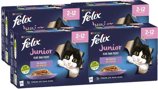 Felix Elke Dag Feest in Gelei Junior Mix Selectie- Kattenvoer natvoer - Tonijn, Zalm, Rund, Kip - 48 x 85g