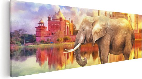 Artaza Canvas Schilderij Getekende Olifant Bij Taj Mahal - Abstract - 120x40 - Groot - Foto Op Canvas - Canvas Print