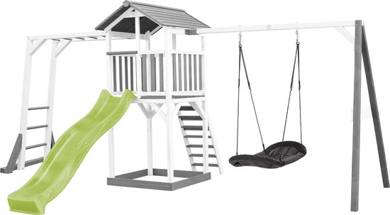 AXI Beach Tower Speeltoestel in Grijs/Wit - Speeltoren met Klimrek, Enkele Schommel, Limoen Groene Glijbaan en Zandbak - FSC hout - Speelhuis op palen voor de tuin