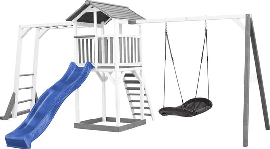 AXI Beach Tower Speeltoestel in Grijs/Wit - Speeltoren met Klimrek, Enkele Schommel, Blauwe Glijbaan en Zandbak - FSC hout - Speelhuis op palen voor de tuin