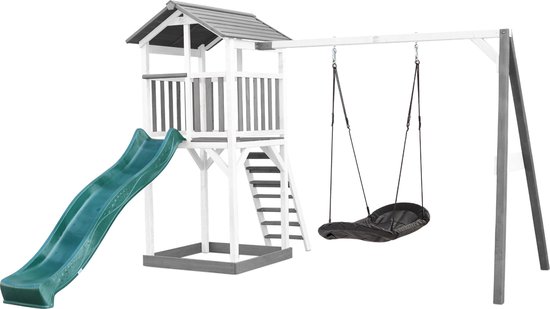 AXI Beach Tower Speeltoestel in Grijs/Wit - Speeltoren met Roxy Nestschommel, Groene Glijbaan en Zandbak - FSC hout - Speelhuis op palen voor de tuin
