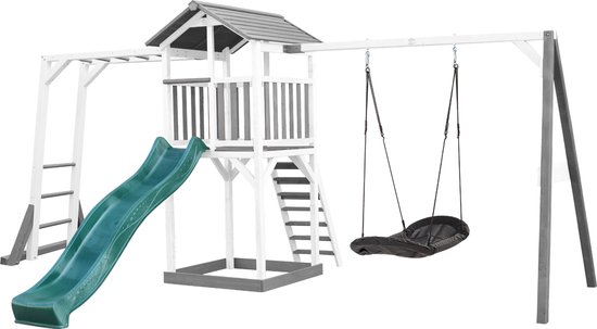 AXI Beach Tower Speeltoestel in Grijs/Wit - Speeltoren met Klimrek, Enkele Schommel, Groene Glijbaan en Zandbak - FSC hout - Speelhuis op palen voor de tuin