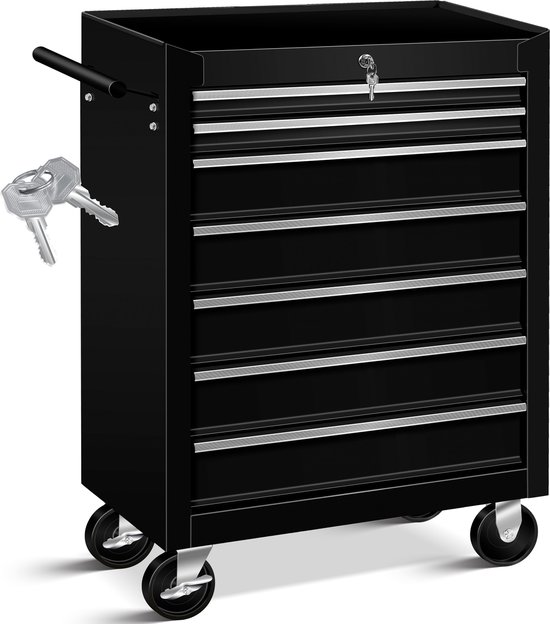 Masko® Werkplaatswagen Gereedschapswagen Gereedschapskist Compartimenten Gereedschapskist - 7 vakken, Zwart