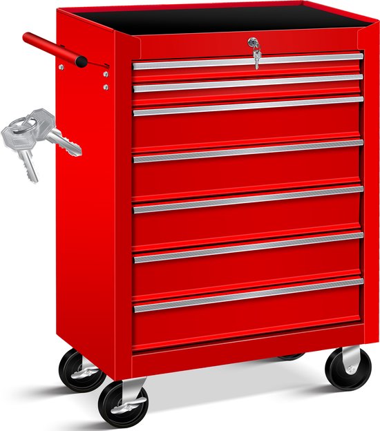 Masko® Werkplaatswagen Gereedschapswagen Gereedschapskist Compartimenten Gereedschapskist - 7 vakken, Rood