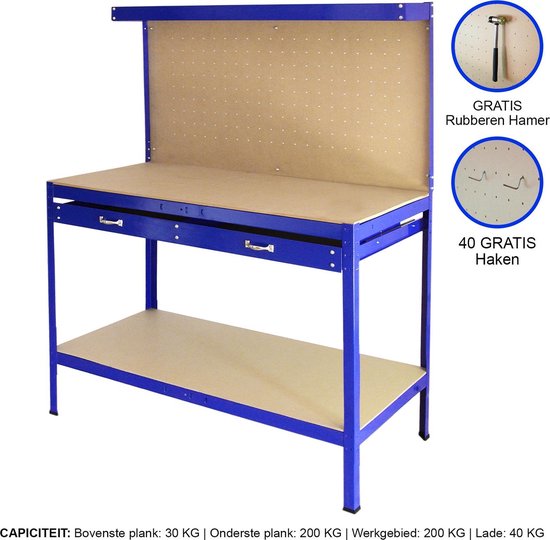 Q-rax Werkbank met achterwand + lade - Blauw - 120x60x155 cm - Inclusief 40 haken - werktafel workmate