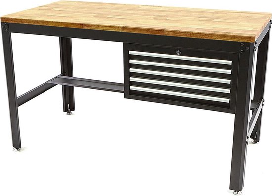 155 cm Professionele Werkbank met 5 Laden en Houten Werkblad Zwart