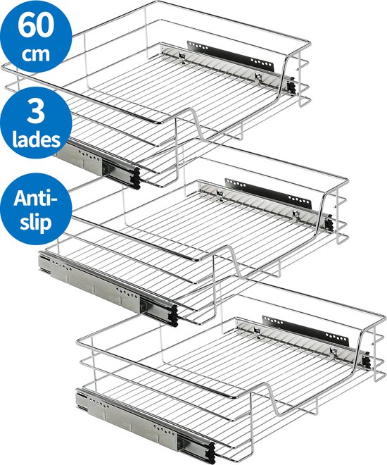 TomorrowNow® - 3-Delige Set Inbouw Schuiflades Voor Keukenkast - 60 cm - Met ComfortSlide Geleiderails - Met Antislip