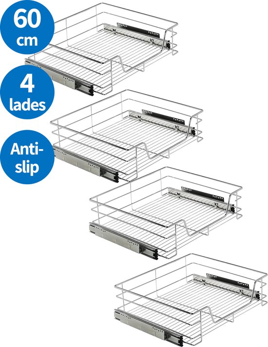 TomorrowNow® - 4-Delige Set Inbouw Schuiflades Voor Keukenkast - 60 cm - Met ComfortSlide Geleiderails - Met Antislip