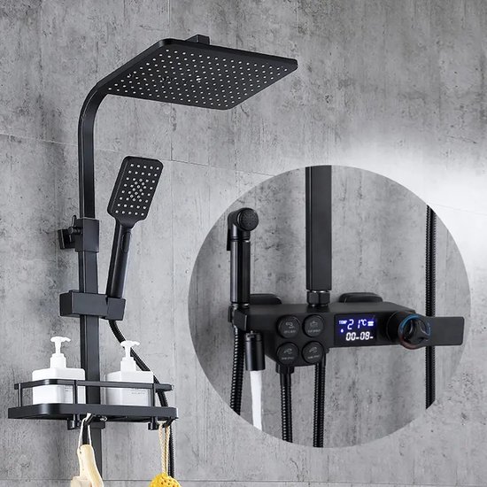 Compleet Douchesysteem | ABS Doucheset | Mat Zwarte Hoofddouche en Handdouche | Vierkante Regendouche voor Badkamer | Verstelbaar | Temperatuur Display | 360° Draaibaar