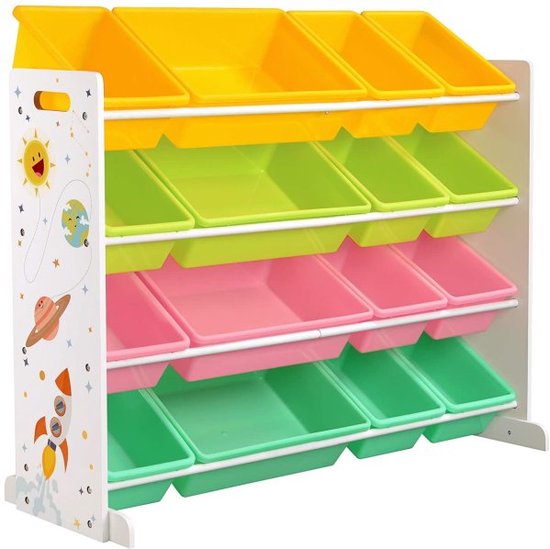 Speelgoedplank, Speelgoedorganizer, Kinderkamerplank Met 16 Verwijderbare Pp-Plastic Dozen, Voor Kinderkamers, Speelkamers, Scholen, Geel, Lichtgroen, Roze En Samargd Groen