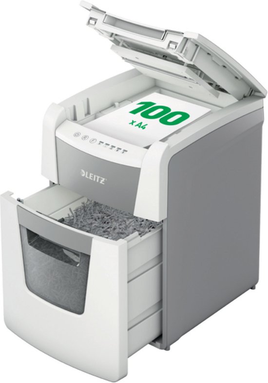 Leitz IQ Autofeed 100 Stille Papierversnipperaar P-4 Snippers voor Thuis/Thuiswerkplek - Invoer tot 100 A4 Vellen -  Wit