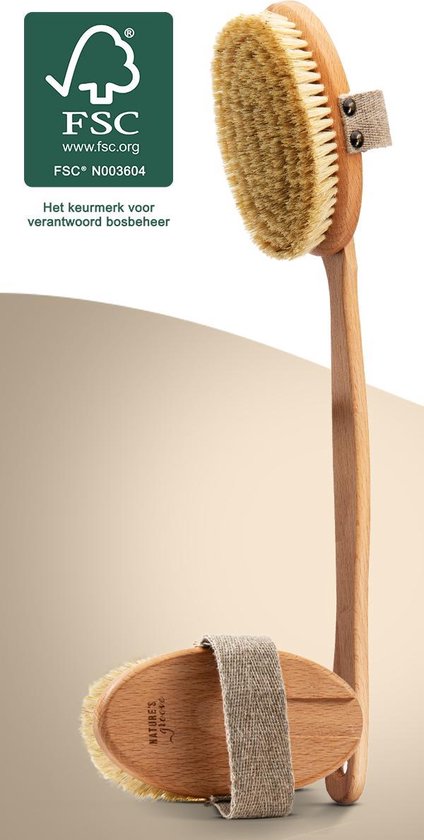 NATURE'S groove Badborstel met Lange Afneembare Steel - Vegan - Doucheborstel Rugborstel - Lichaamsborstel - Douche - Duurzaam Hout - 0% Plastic