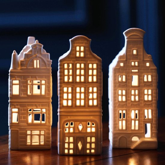 Waxinelichthouders - set van 3 - hoogte 15 cm - &klevering - grachtenpand - Hollandse cadeautjes - housewarming cadeau - sfeerlichtjes binnen - kersthuisjes