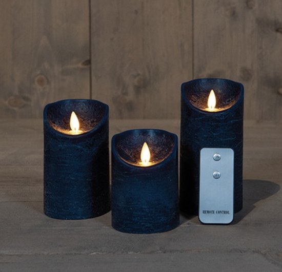 LED kaarsen met bewegende vlam 3x - Donkerblauw - Dark Blue - Afstandsbediening - Stompkaars rustiek wax - LED kaars batterij - 7.5 x 10 12.5 15 cm
