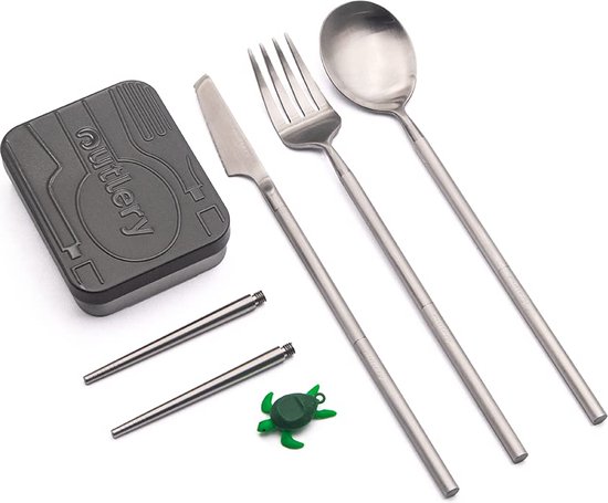 Outlery® Reisbestek - Kampeerbestek voor 1 persoon met etui - In zakformaat - Vaatwasmachinebestendig - Roestvrij staal - Geschikt voor picknicks - Zilver
