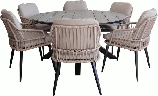 7-delige ronde tuinset | 6 Isabel tuinstoelen (Sand) | ø150cm Cyprus tuintafel (Grey)