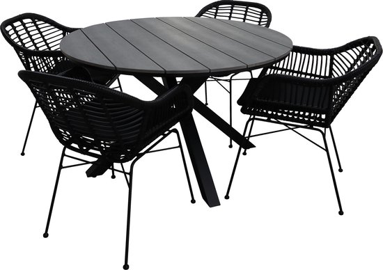 5-delige ronde tuinset | 4 Oslo dining tuinstoelen (Black) | ⌀ 120cm Cyprus tuintafel (Grey)
